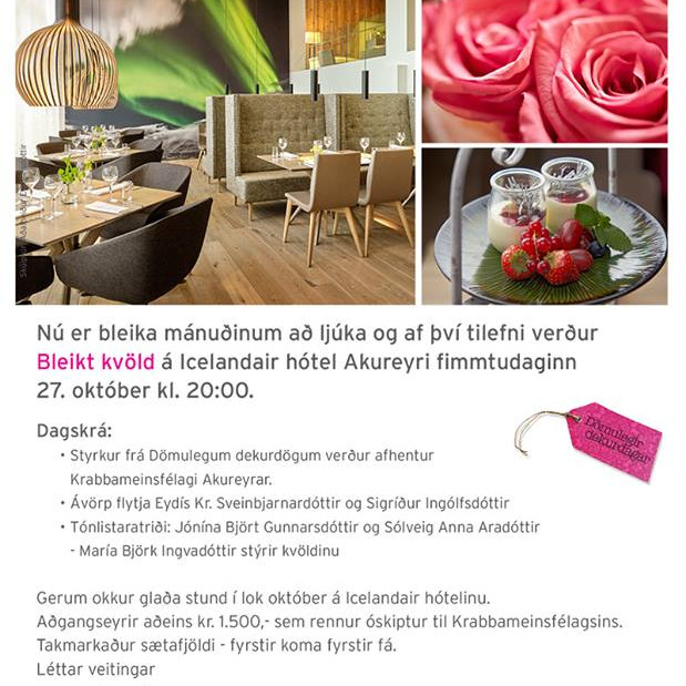 Bleikt kvöld á Icelandair hótel Akureyri fimmtudaginn 27.október 2016