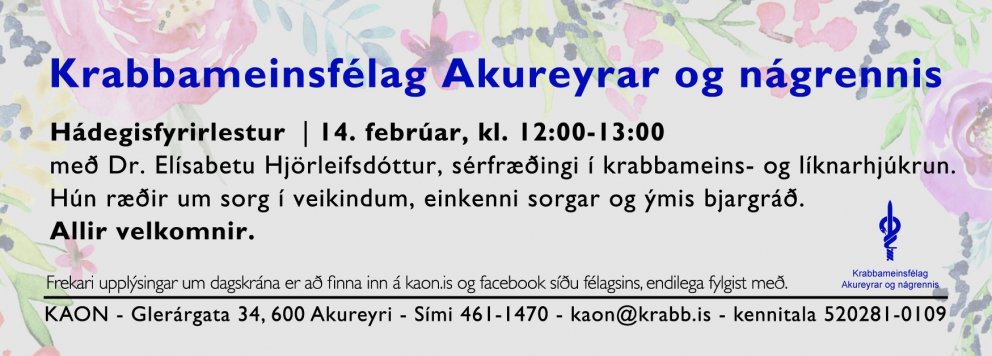 Hádegisfyrirlestur með Dr. Elísbetu Hjörleifsdóttur um sorg í veikindum 14.febrúar kl 12-13. Ilmandi…