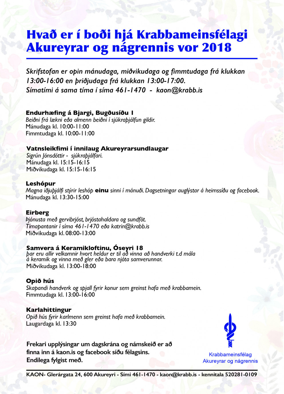 Hvað er í boði hjá Krabbameinsfélagi Akureyrar og nágrennis vor 2018