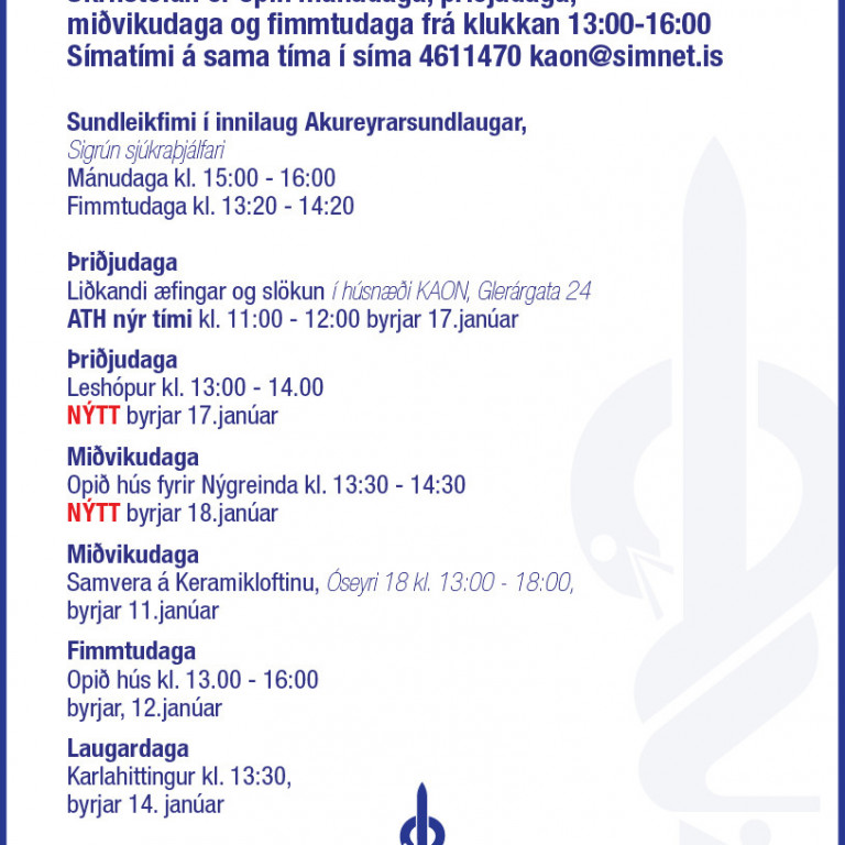 Hvað er í boði hjá Krabbameinsfélagi Akureyrar og nágrennis, janúar til maí 2017